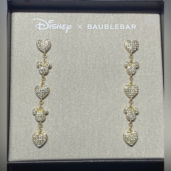 Disney X Baublebar Colab Golden Rhinestone Pave Heart & Micky Dangle Earrings - Picture 3 of 4